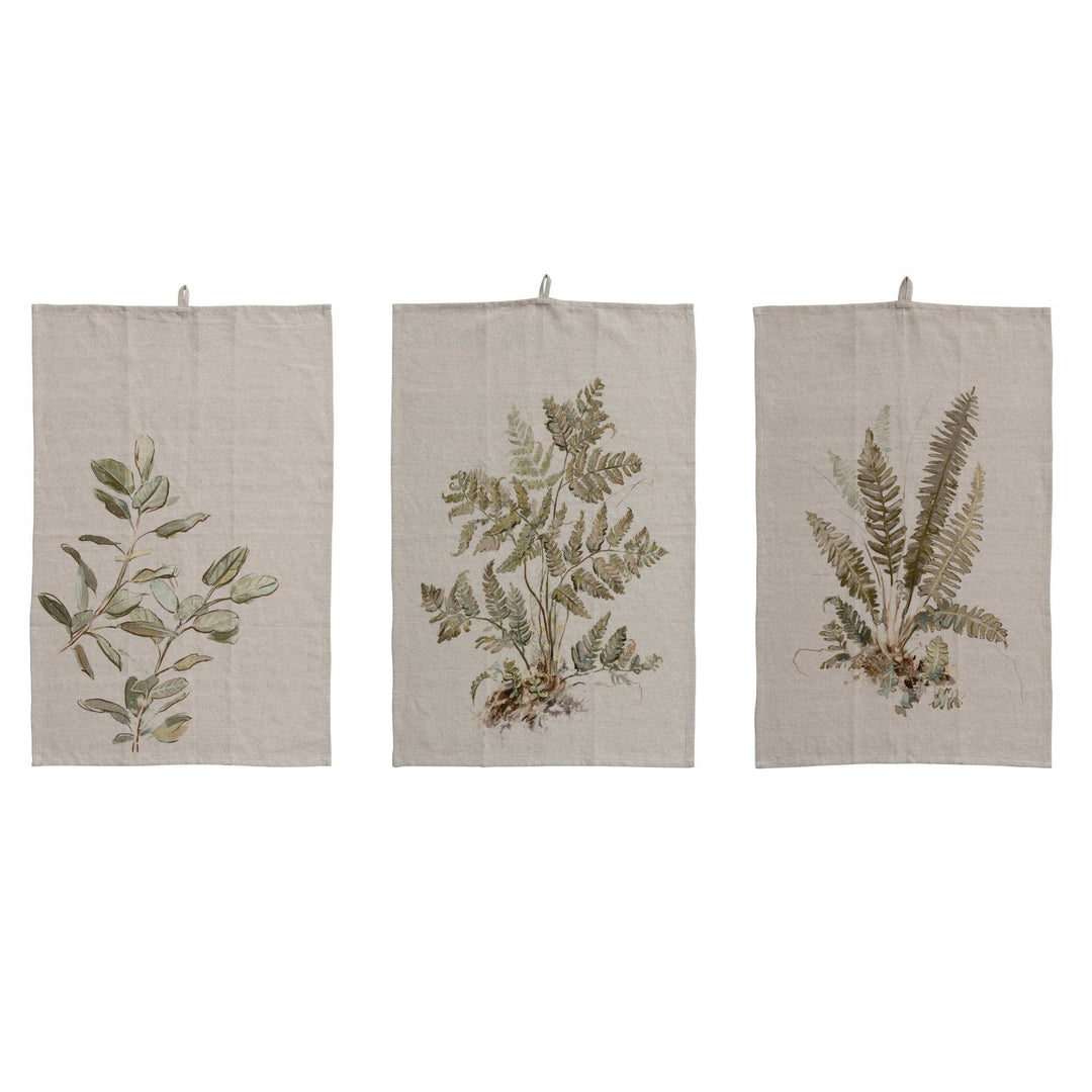 Paño de cocina estampado de algodón y lino con imagen botánica y lazo, 3 estilos