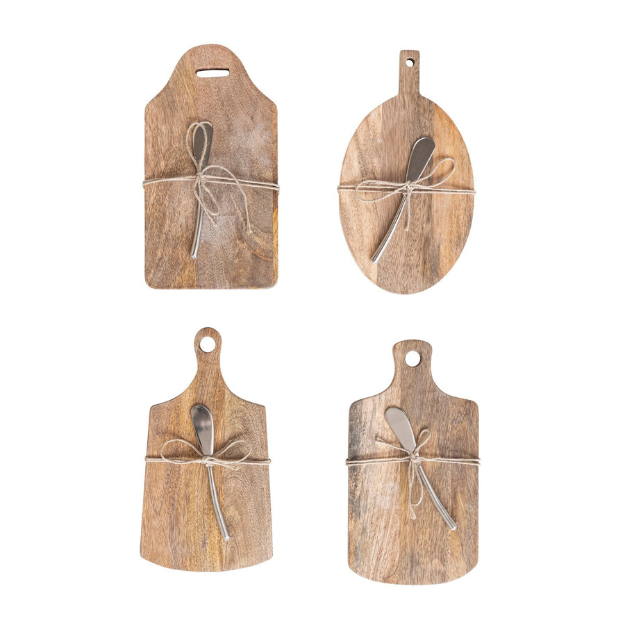 Tabla de cortar/queso de madera de mango con mango y cuchillo para canapés, 4 estilos, set de 2