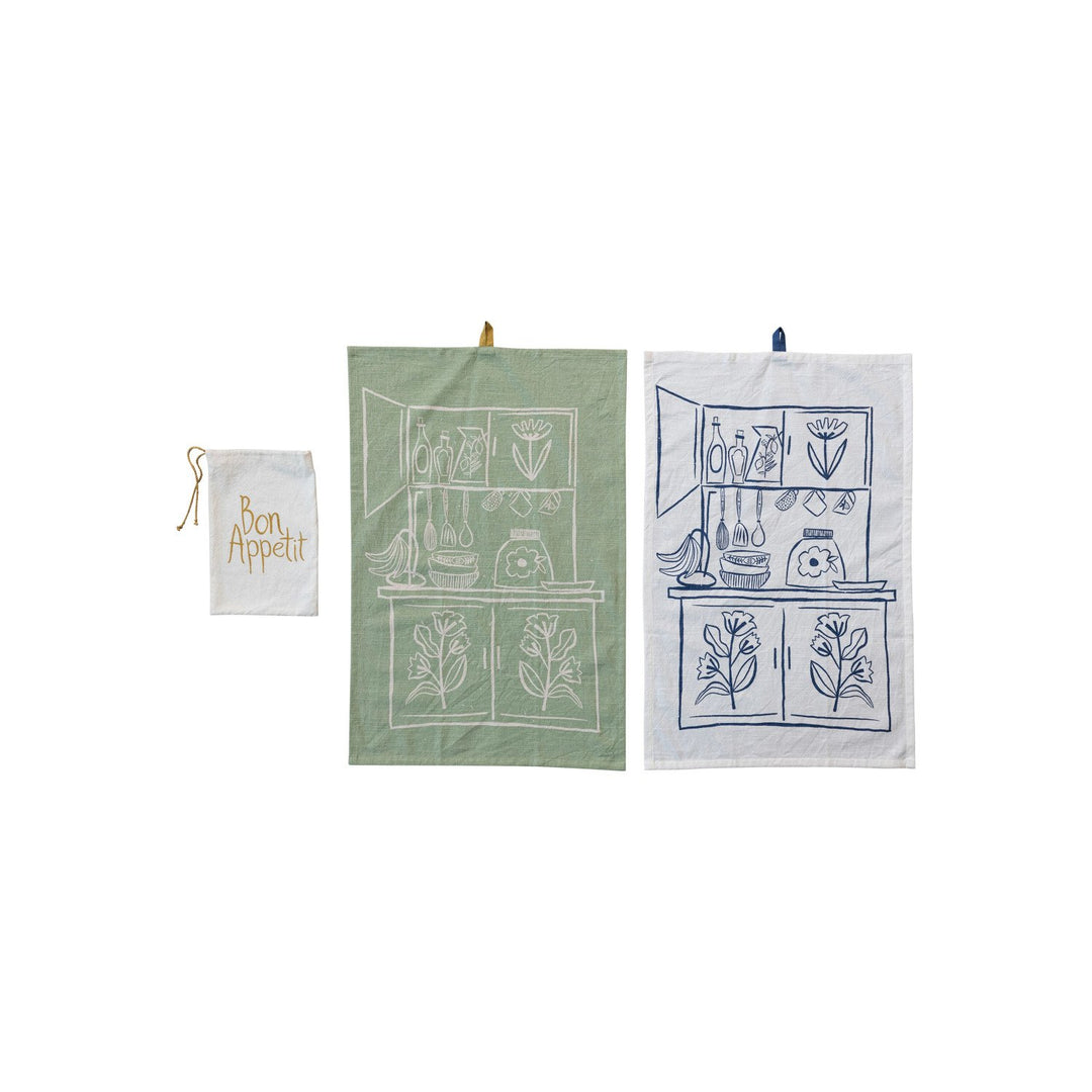 Paños de cocina de algodón flameado con motivos de cocina y bucles, 2 colores, set de 2 en bolsa ©