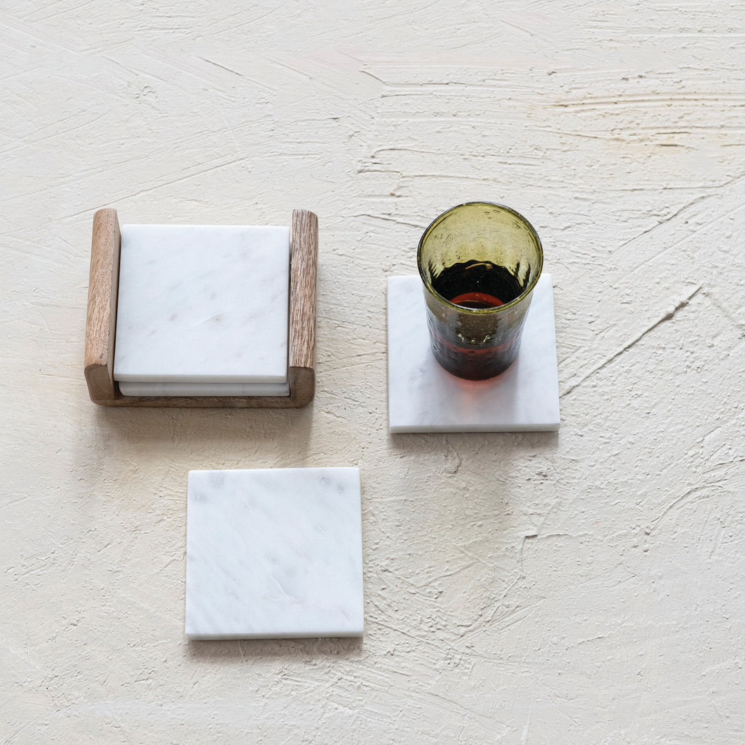 Set de Posavasos de Mármol con Soporte de Madera