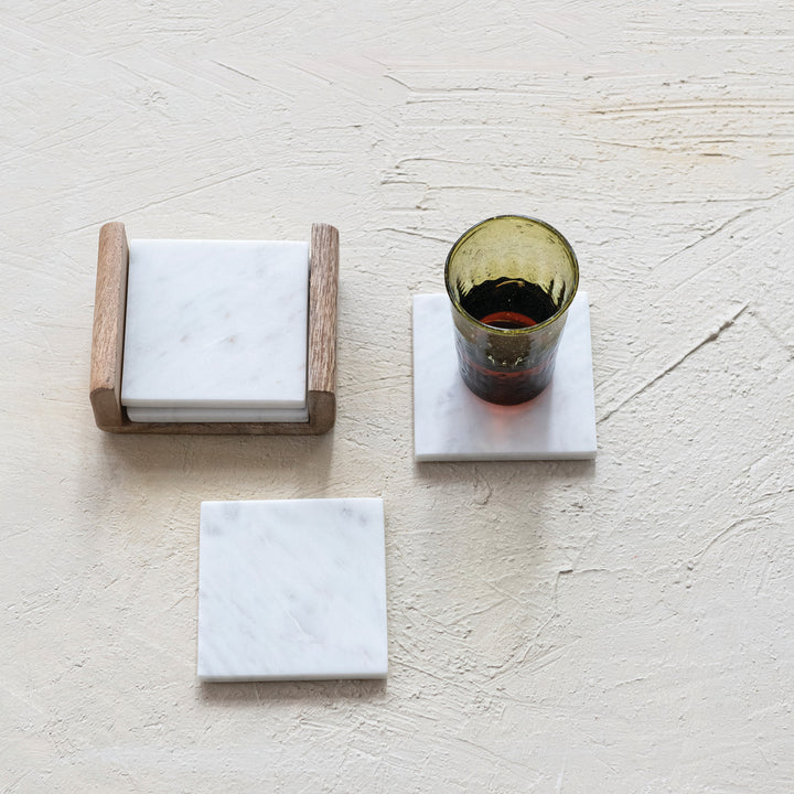 Set de Posavasos de Mármol con Soporte de Madera