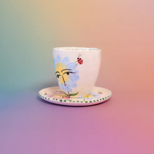 Set de Taza y Plato Ilustrados Flor Celeste
