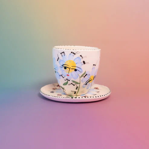 Taza con asa y Plato Pintado a Mano Flores Celestes