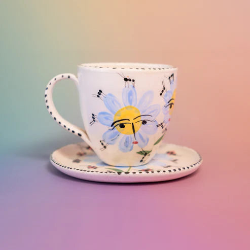 Taza con asa y Plato Pintado a Mano Flores Celestes