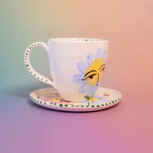 Set de Taza y Plato Ilustrados Flor Celeste