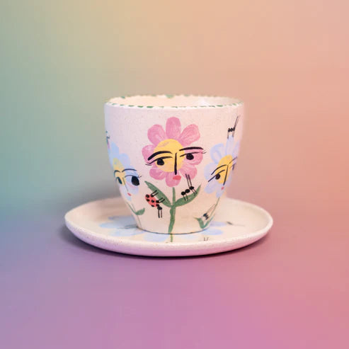 Set de Taza y Plato Ilustrados de Flores rosadas y azules