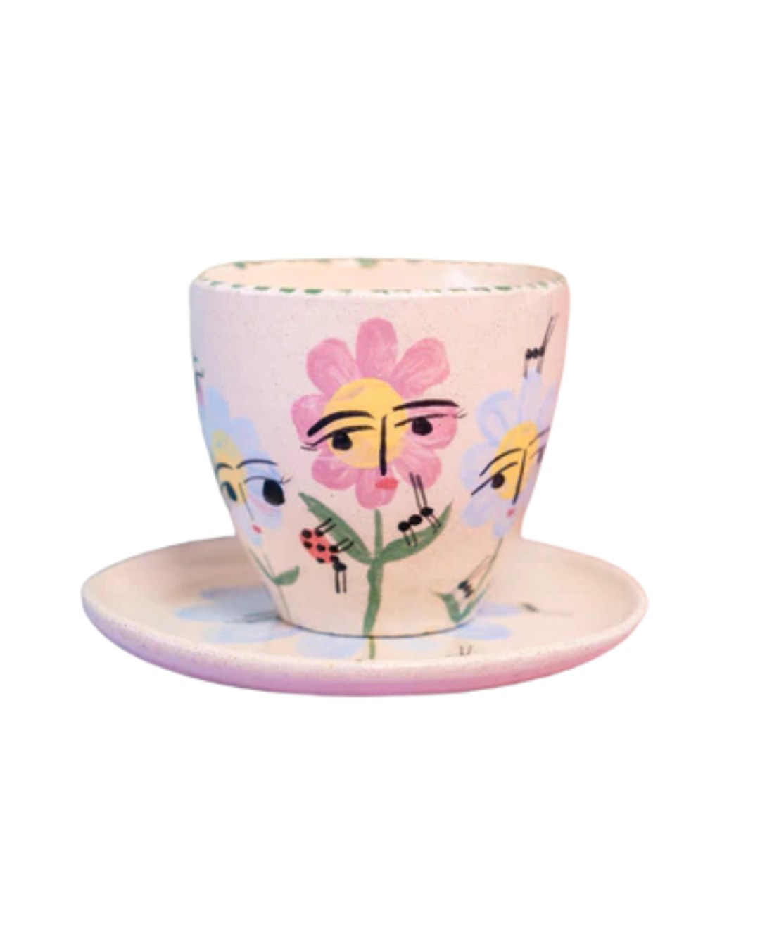 Set de Taza y Plato Ilustrados de Flores rosadas y azules