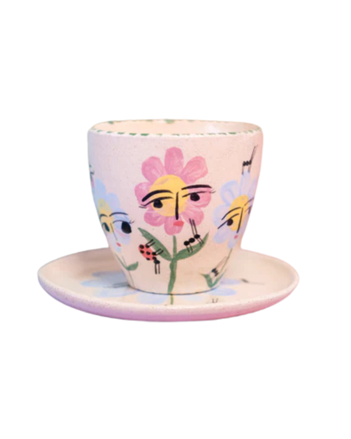 Set de Taza y Plato Ilustrados de Flores rosadas y azules