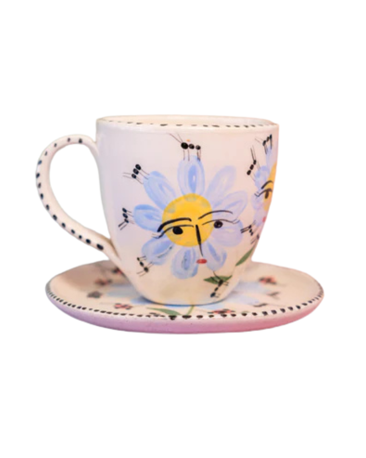 Taza con asa y Plato Pintado a Mano Flores Celestes