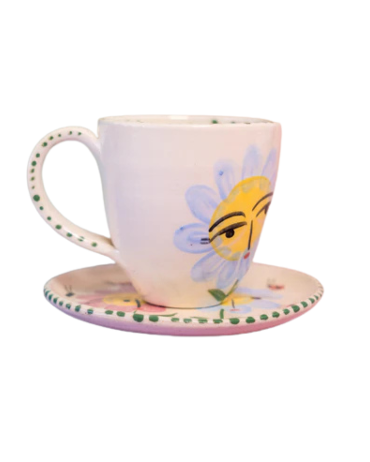 Set de Taza y Plato Ilustrados Flor Celeste