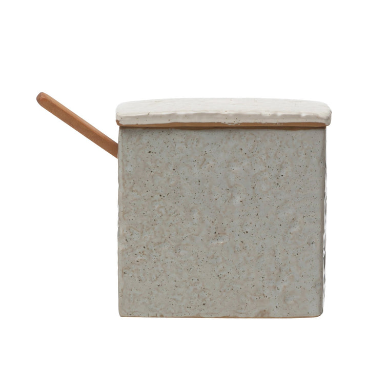 Salero de gres con cuchara de madera de pino, esmaltado reactivo