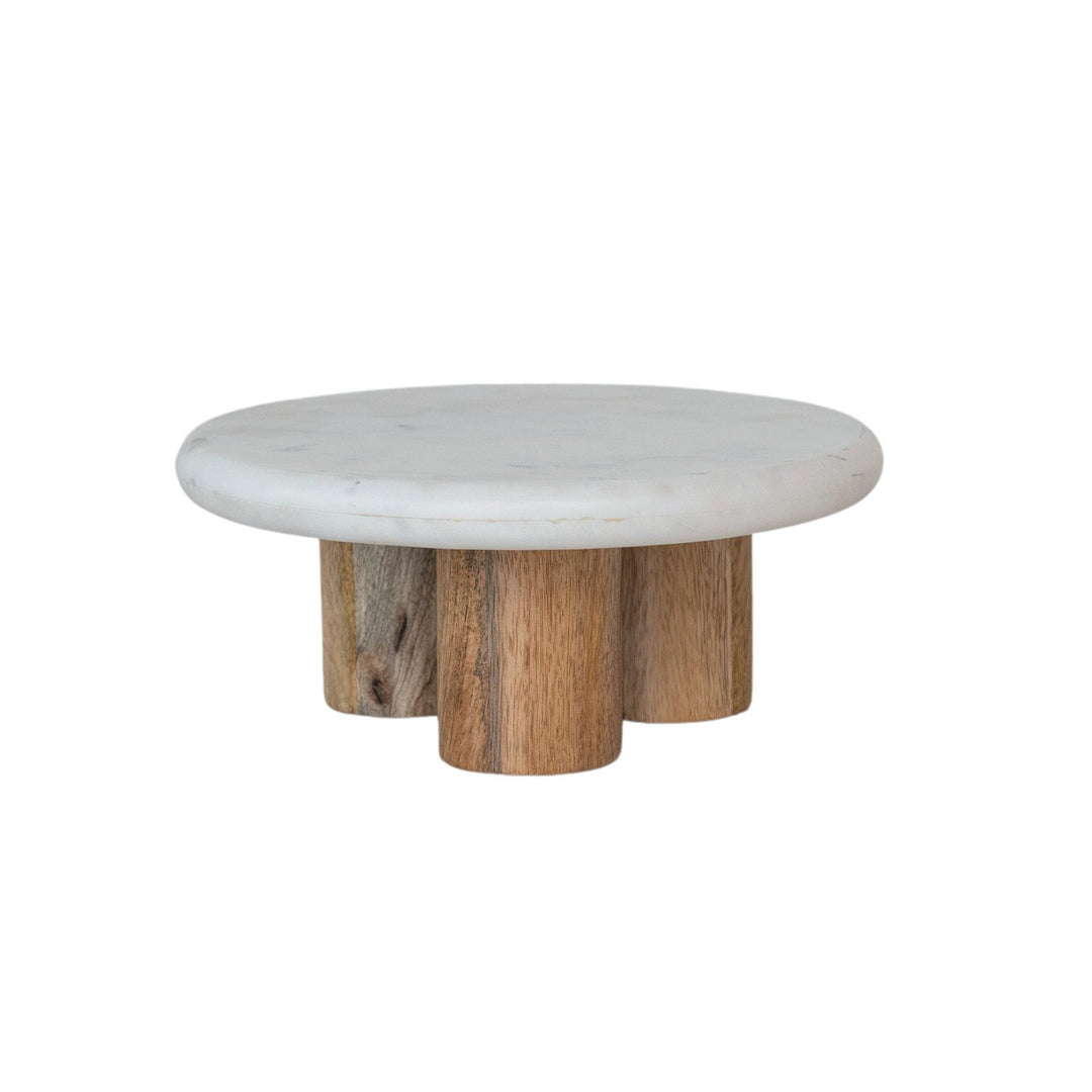 Pedestal de mármol con patas de madera de mango, blanco y natural, KD