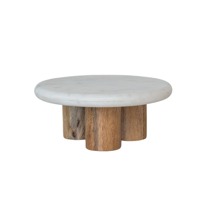 Pedestal de mármol con patas de madera de mango, blanco y natural, KD