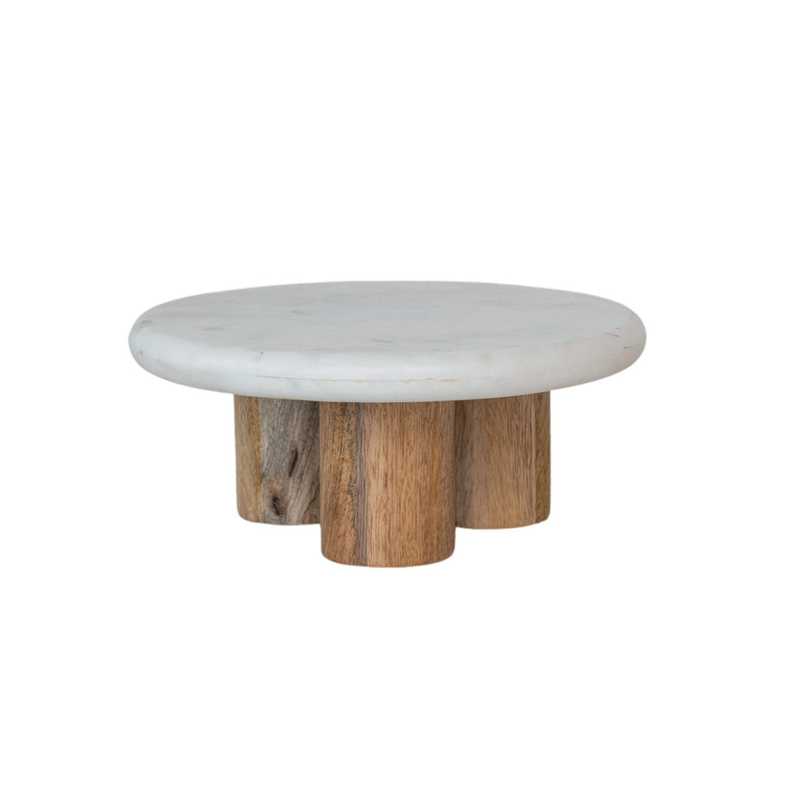 Pedestal de mármol con patas de madera de mango, blanco y natural, KD