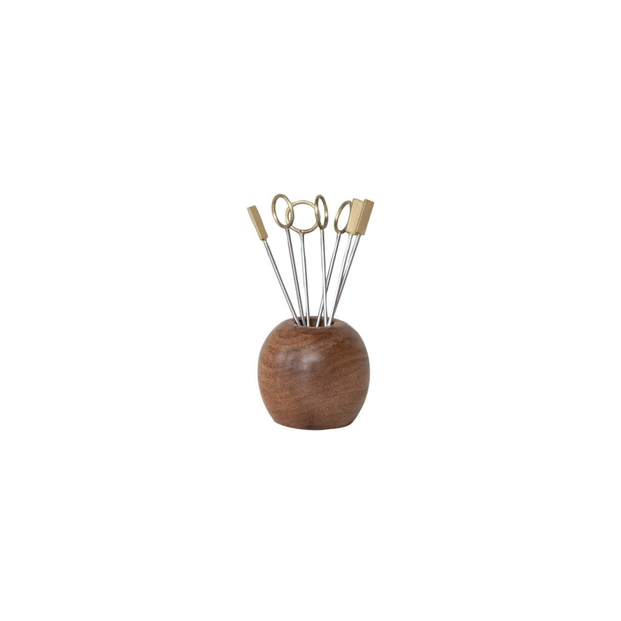Soporte de madera de mango con (8) palillos para aperitivos de acero inoxidable y latón, set de 9