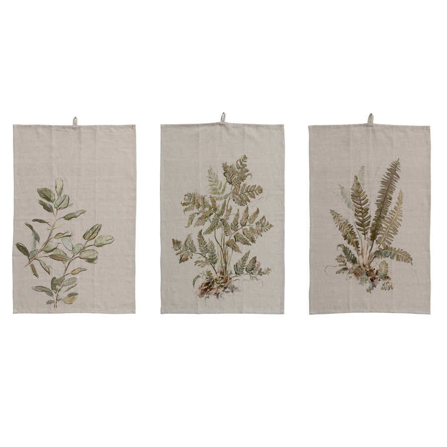 Paño de cocina estampado de algodón y lino con imagen botánica y lazo, 3 estilos