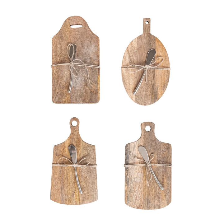 Tabla de cortar/queso de madera de mango con mango y cuchillo para canapés, 4 estilos, set de 2