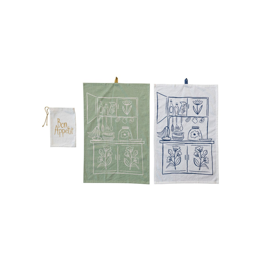 Paños de cocina de algodón flameado con motivos de cocina y bucles, 2 colores, set de 2 en bolsa ©