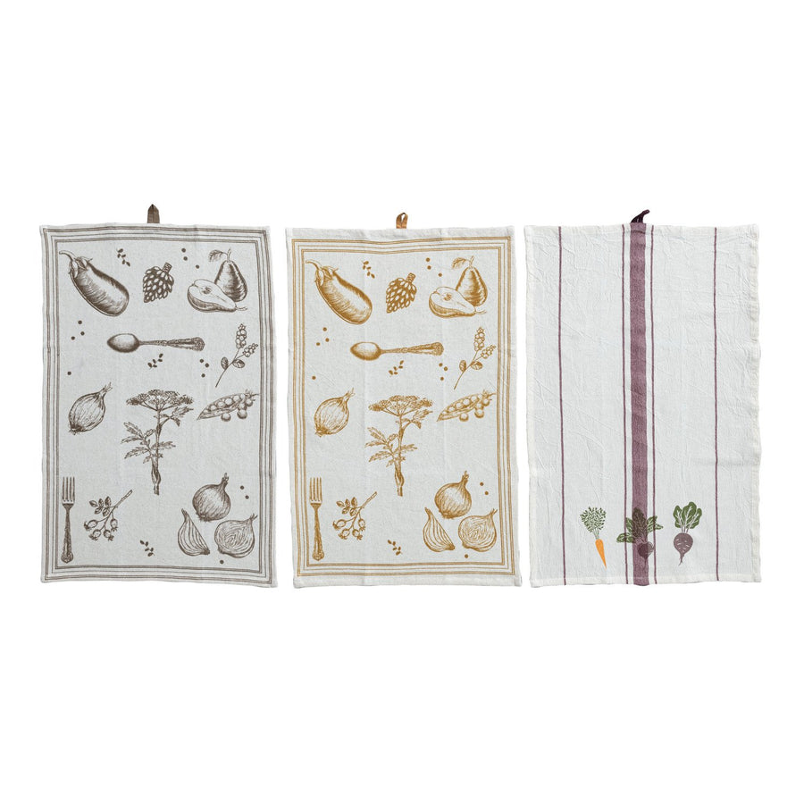 Paño de cocina de algodón y lino con estampado de verduras y cubiertos, 3 estilos