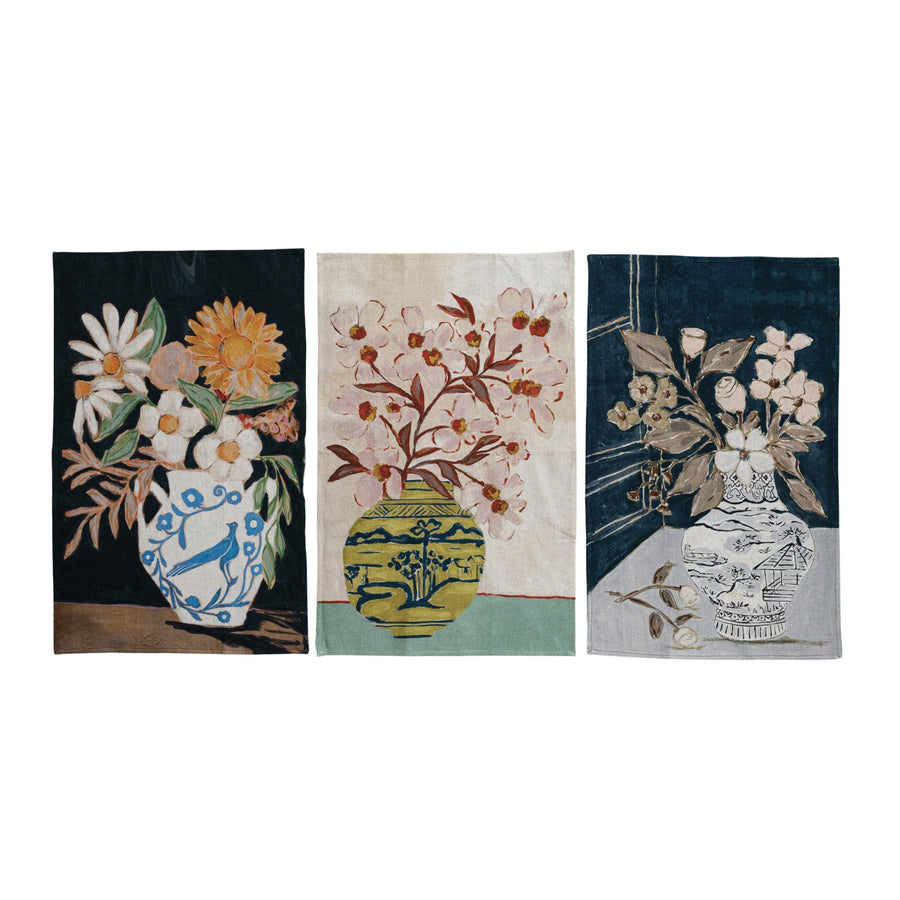 Paño de cocina estampado de algodón y lino con flores en jarrón, 3 estilos ©