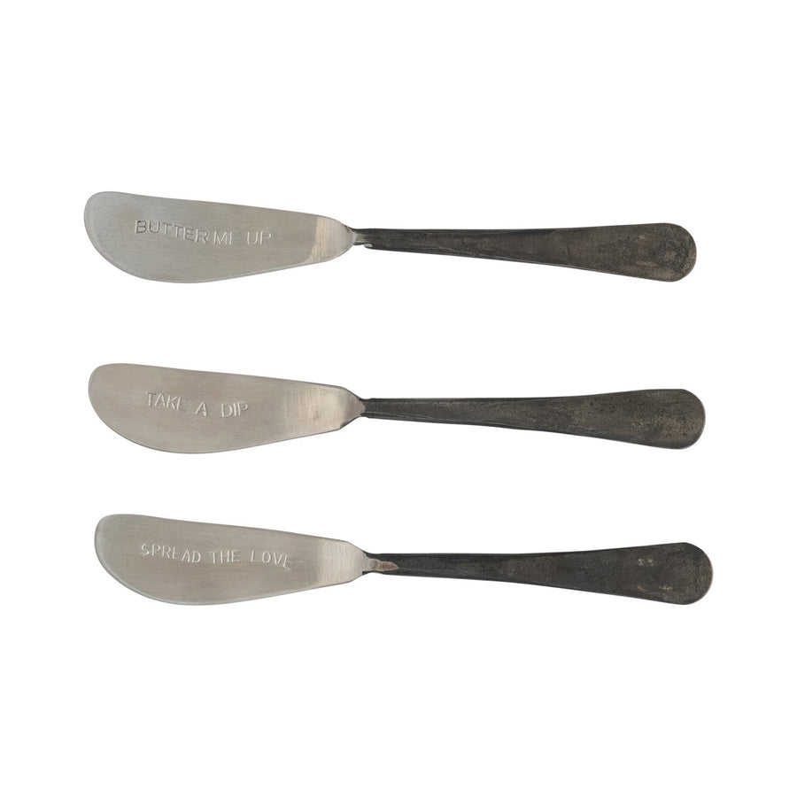 Cuchillo para mantequilla de acero inoxidable grabado con mangos negros, 3 estilos