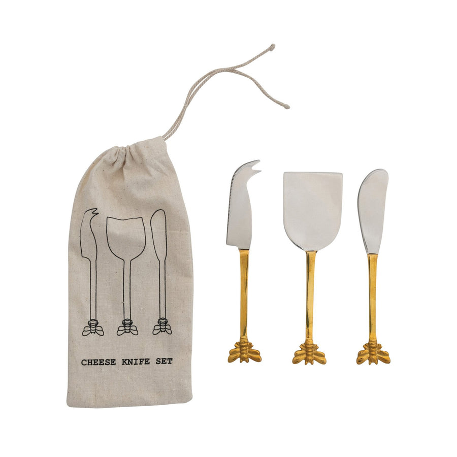 Set de 4 cuchillos para queso de acero inoxidable y latón en bolsa con cordón