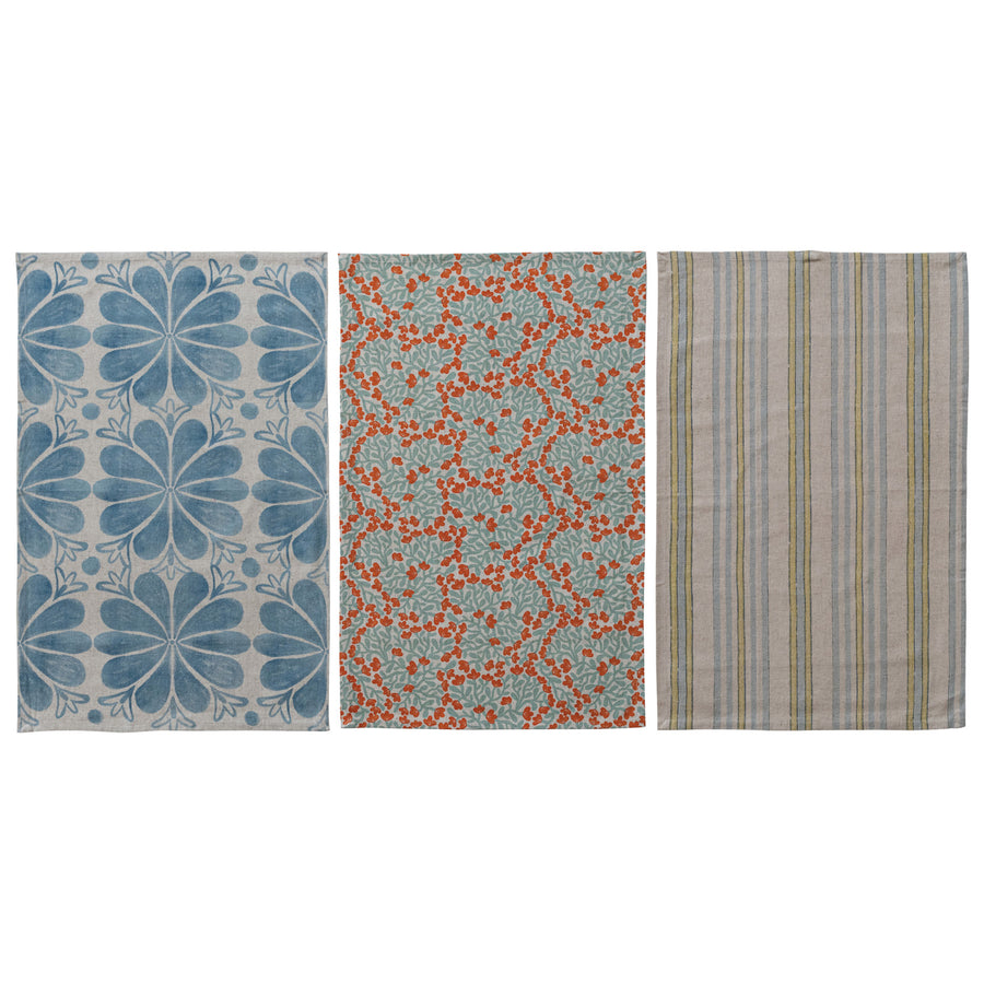 Cotton Linen Printed Tea Towel with Stripes/Pattern, 3 Styles ©