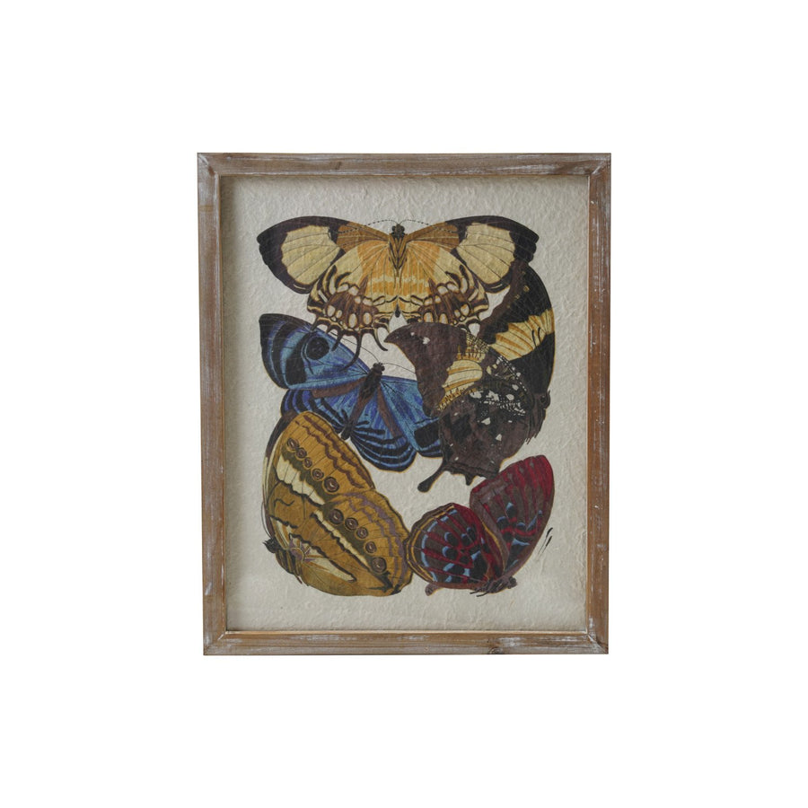 Decoración de pared con marco de madera, vidrio y papel texturizado con mariposas