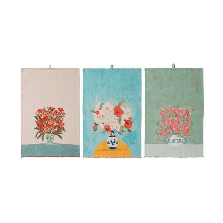 Cotton & Linen Printed Tea Towel w/ Flowers in Vase & Mini Pom Pom Trim, 3 Styles ©