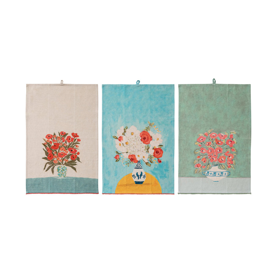 Cotton & Linen Printed Tea Towel w/ Flowers in Vase & Mini Pom Pom Trim, 3 Styles ©