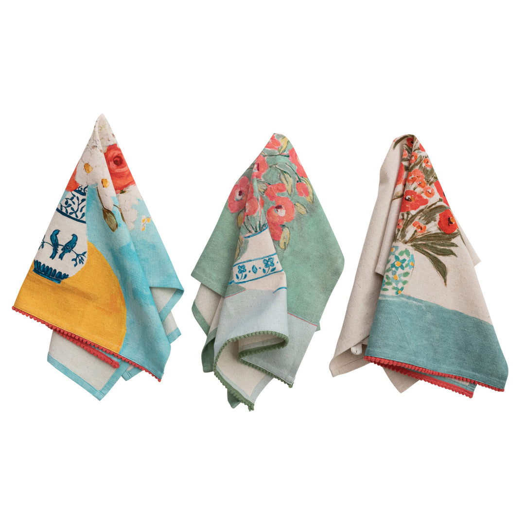 Cotton & Linen Printed Tea Towel w/ Flowers in Vase & Mini Pom Pom Trim, 3 Styles ©