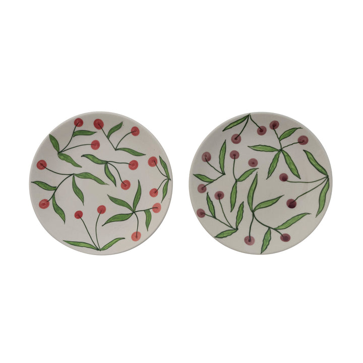 7-1/2" Round Hand-Painted Stoneware Plate with Cherries, 2 Colors (Each One Will Vary)