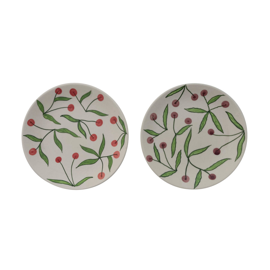 7-1/2" Round Hand-Painted Stoneware Plate with Cherries, 2 Colors (Each One Will Vary)