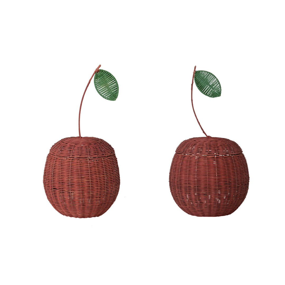 Hand-Woven Rattan Cherry Shaped Baskets with Lids, Set of 2