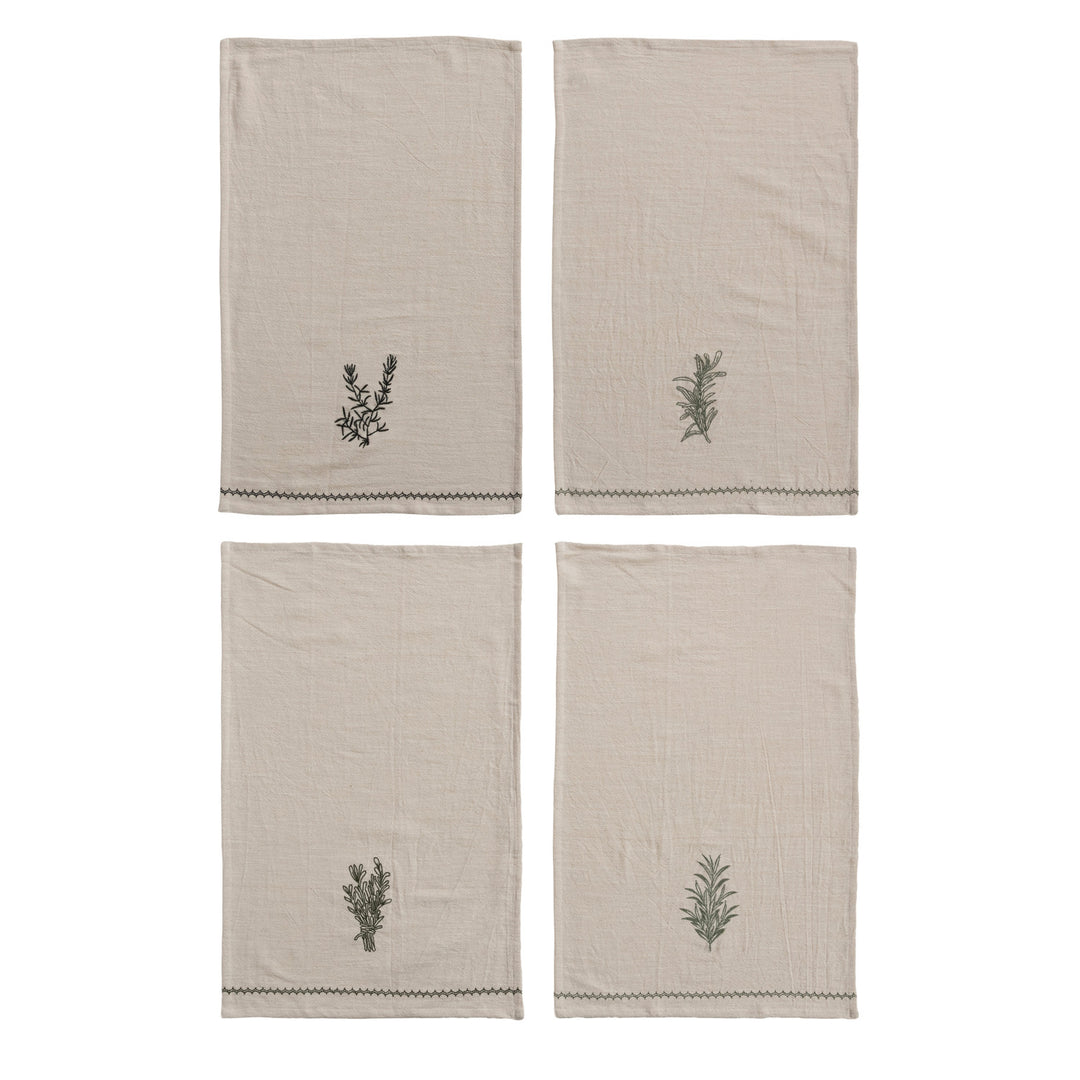 Cotton Tea Towel with Embroidered Herbs & Trim, 4 Styles