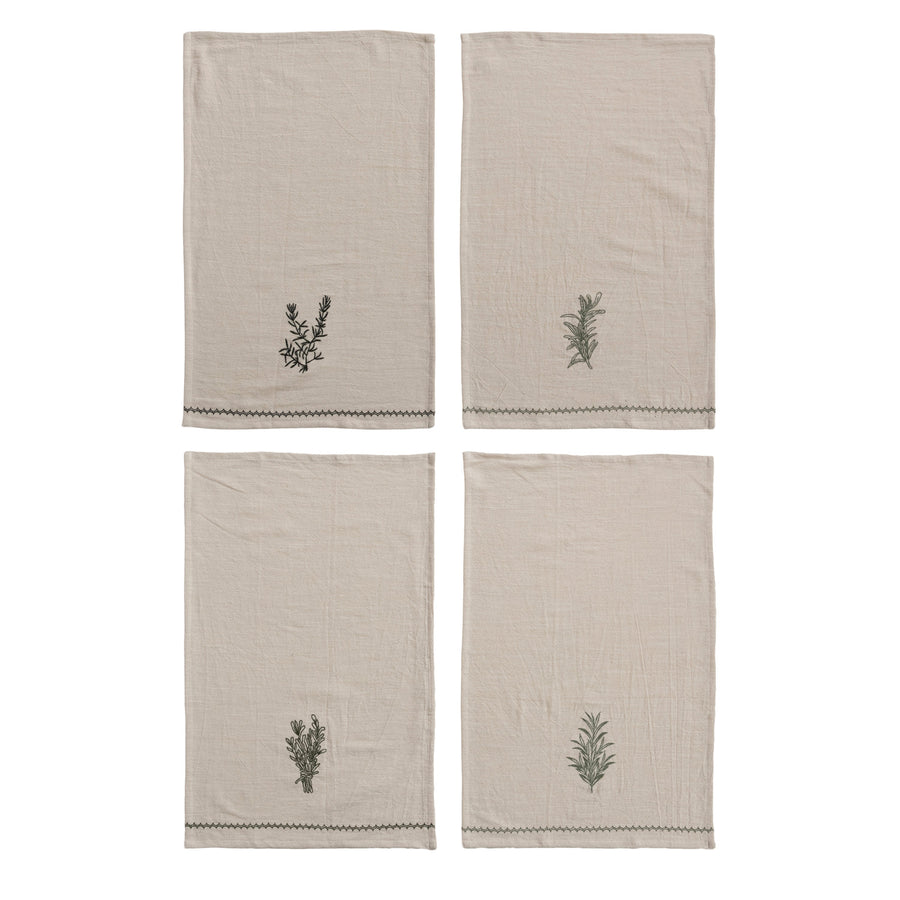 Cotton Tea Towel with Embroidered Herbs & Trim, 4 Styles
