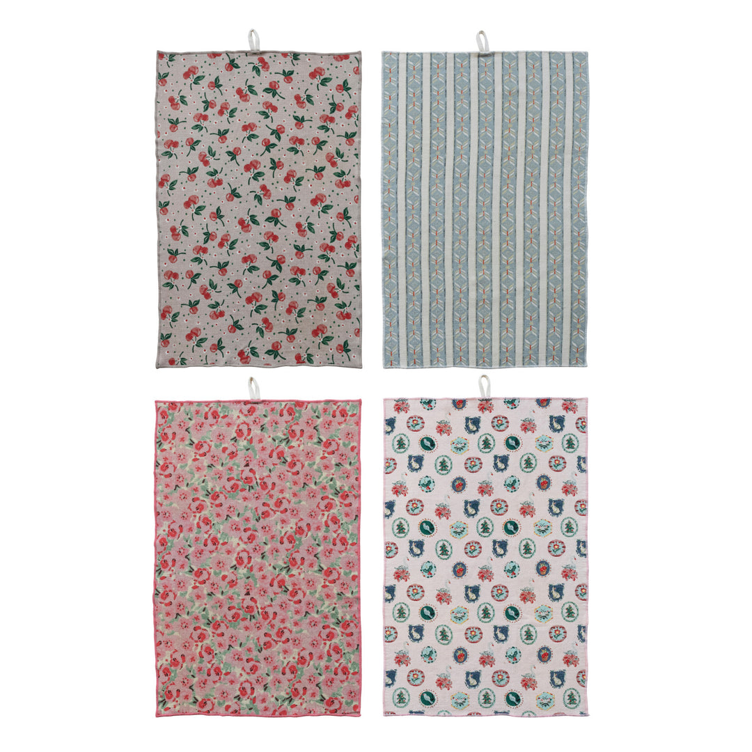 Cotton Printed Terry Cloth Tea Towel with Pattern & Stitched Edge, 4 Styles ©