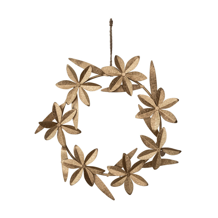 14" Round Metal Flowers Wreath, Antique Gold Finish