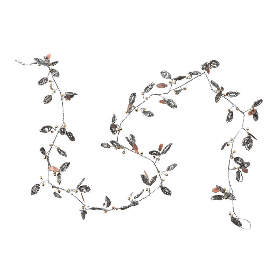 Handmade Metal Beaded Leaves & Berries Garland, Silver, Copper & Gold Finish