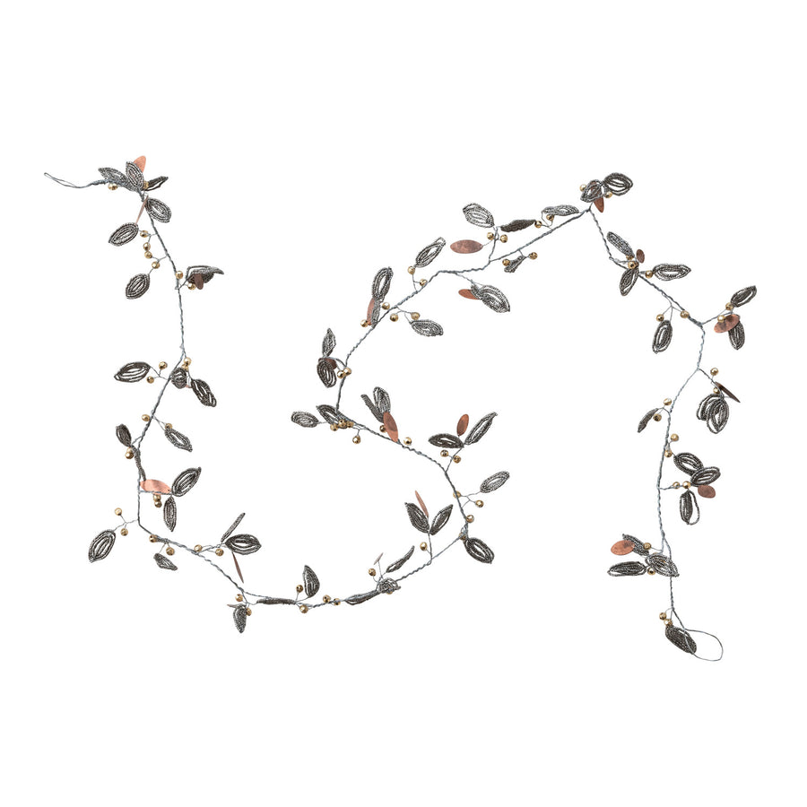 Handmade Metal Beaded Leaves & Berries Garland, Silver, Copper & Gold Finish