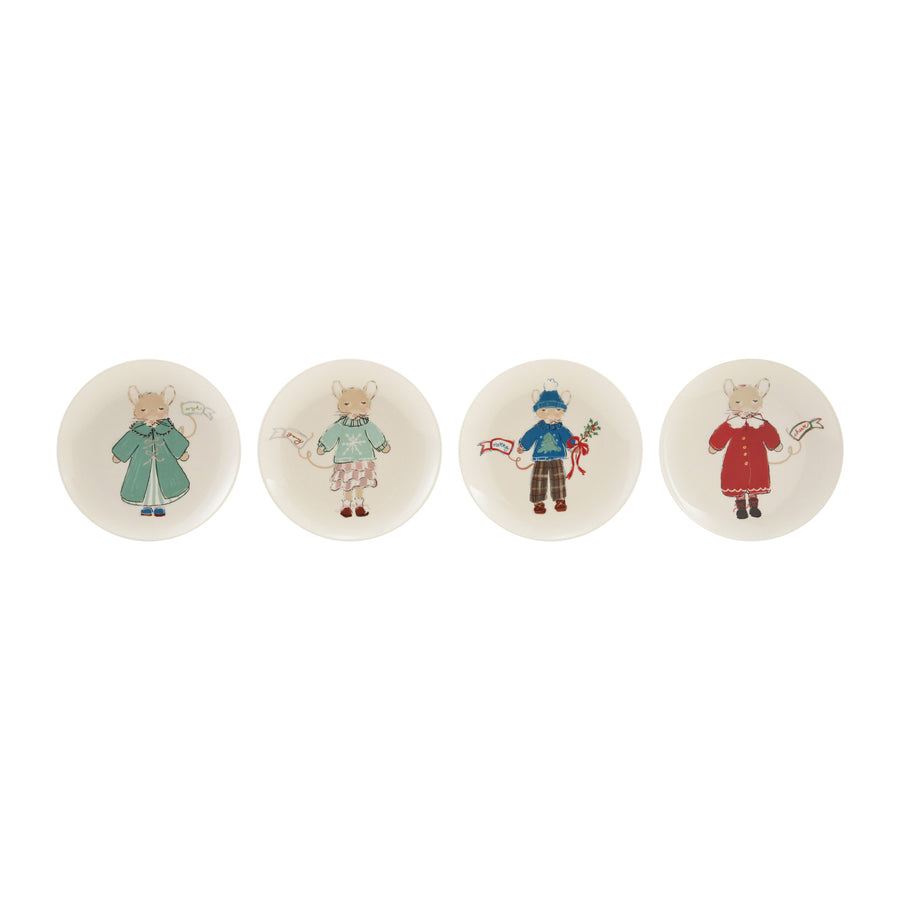 Stoneware Plate with Mouse in Clothes & Holiday Word Tag on Tail, 4 Styles ©