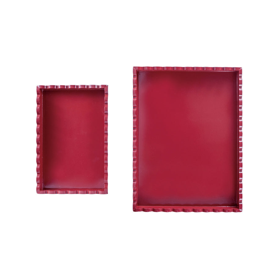 Decorative MDF Lacquered Scalloped Trays, Cranberry Color, Set of 2