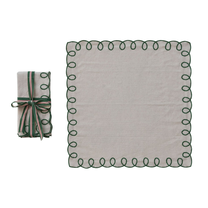 Cotton Scalloped Napkins with Embroidered Edges, Set of 4 Tied with Cotton Tape