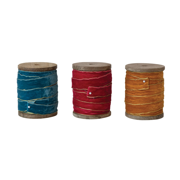 5 Yard 3/4"W Velvet Ribbon with Metallic Gold Edges on Wood Spool, 3 Colors