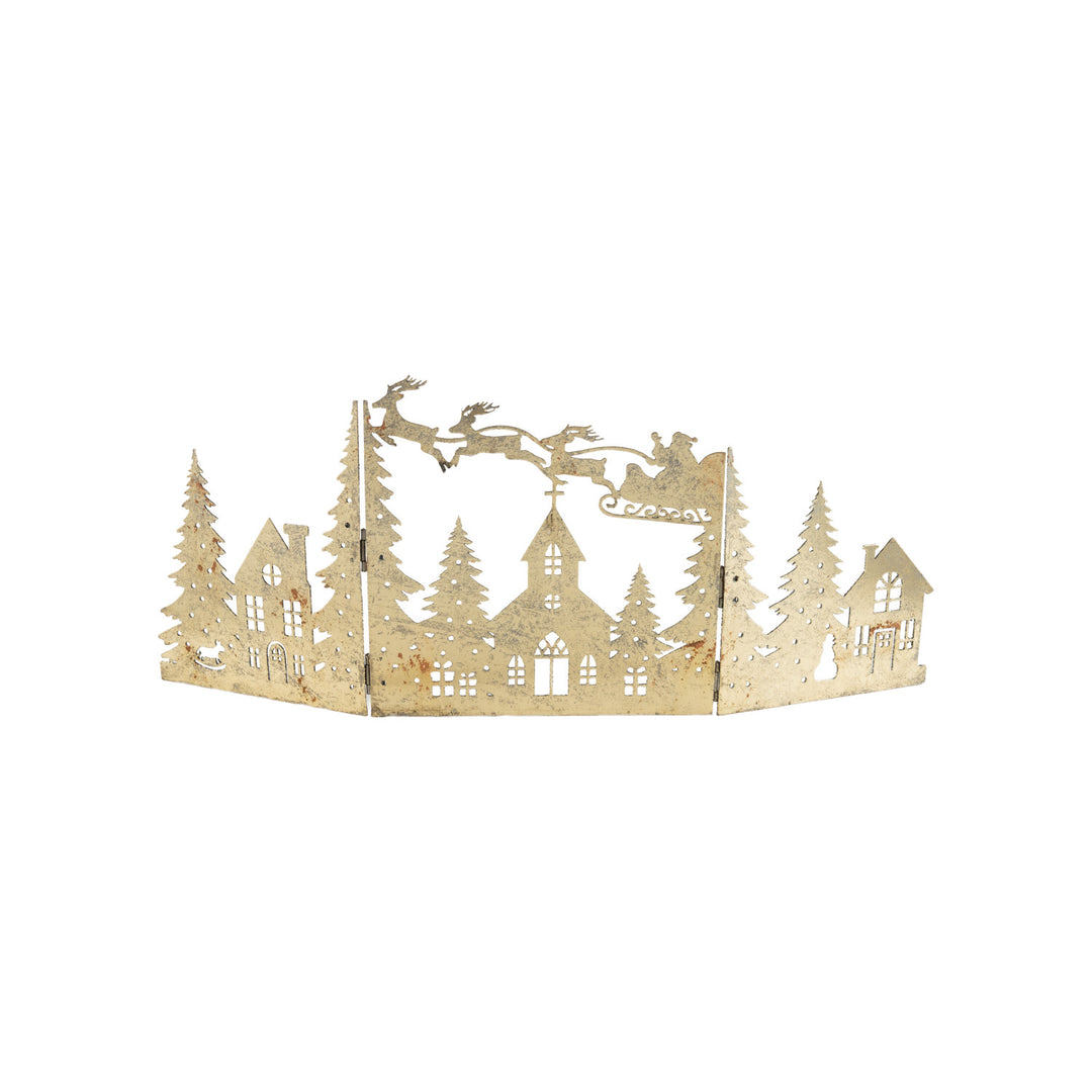 Metal Folding Mantle Scene with Santa, Sleigh & Village, Distressed Gold Finish