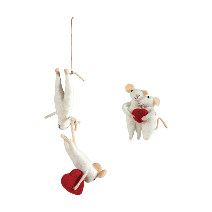 Wool Felt Mice with Heart Ornament, White & Red, 2 Styles